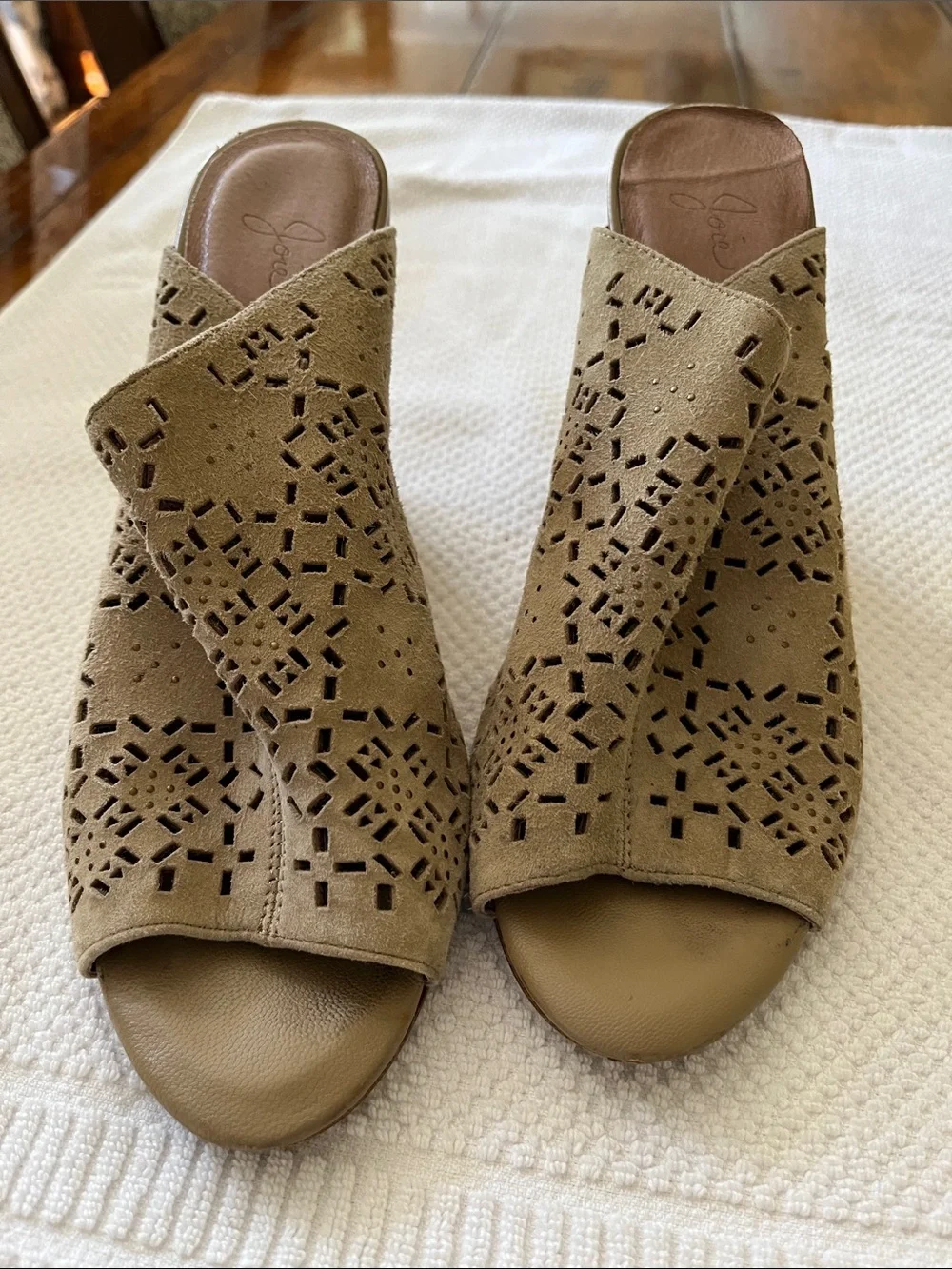 Joie Taupe Cutout Suede Wedge Mules